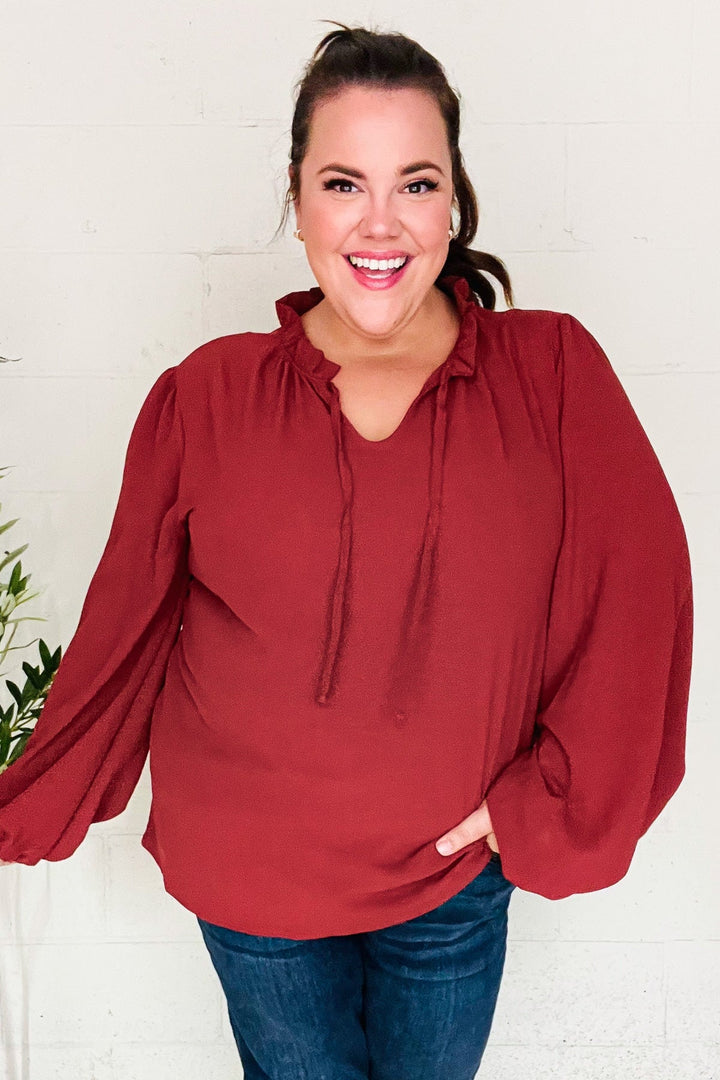 Feeling Femme Off Burgundy Frilled Edge V Neck Tie Top