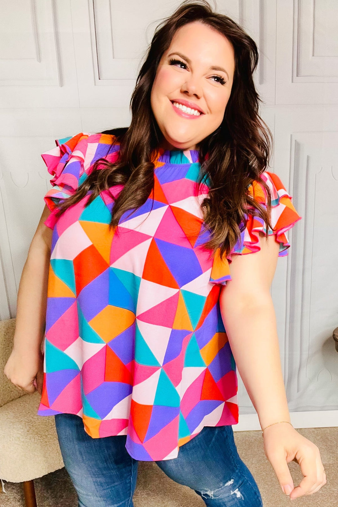 Feeling Bold Multicolor Geo Print Mock Neck Flutter Sleeve Top