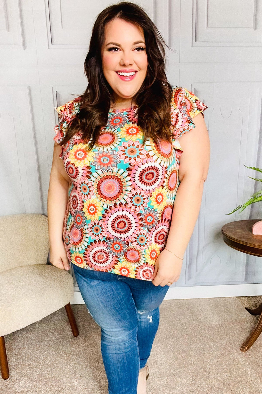 You Got This Mint Medallion Crochet Print Ruffle Sleeve Top