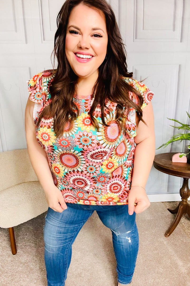 You Got This Mint Medallion Crochet Print Ruffle Sleeve Top