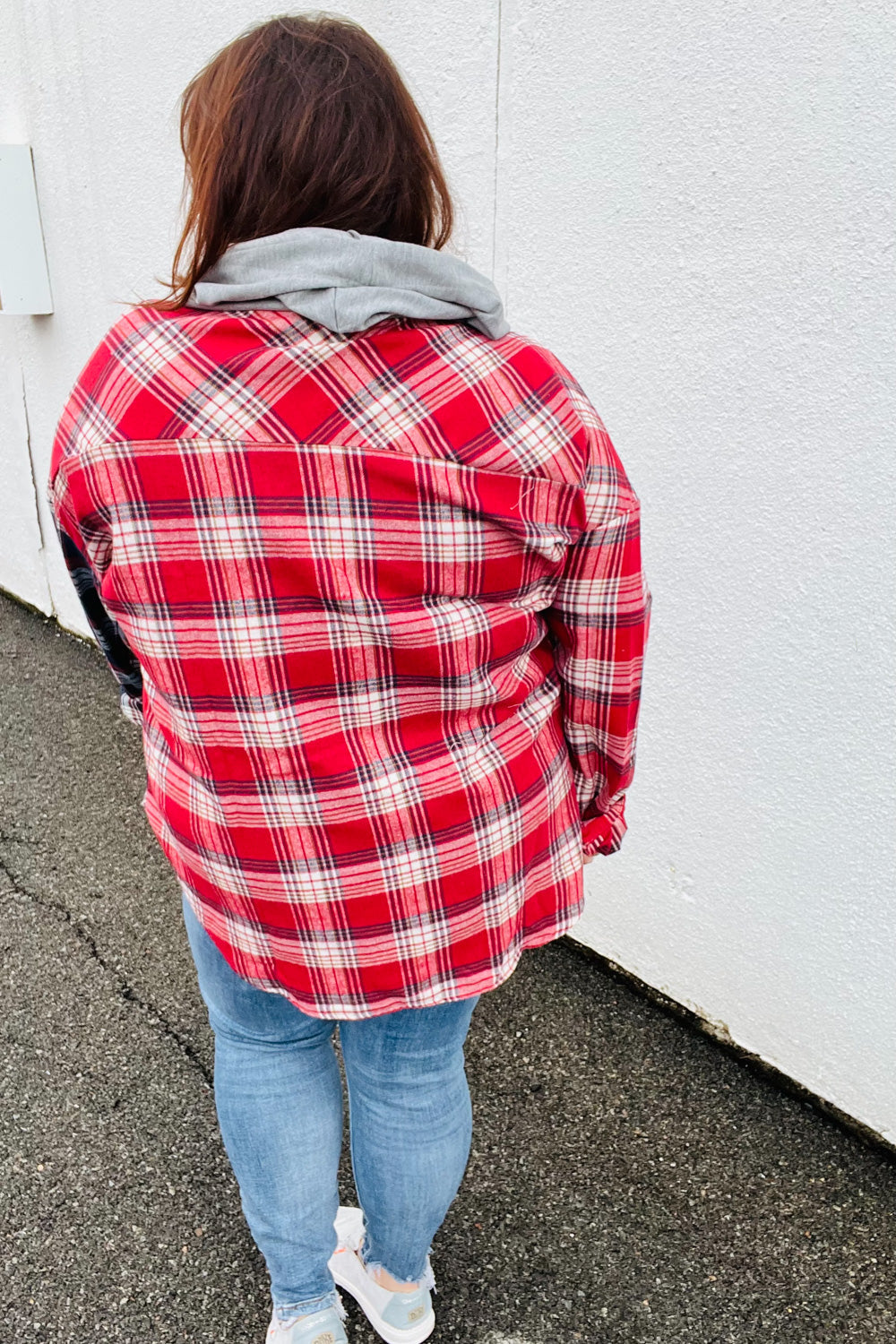 Face the Day Red/Navy Plaid Color Block Hoodie Shacket