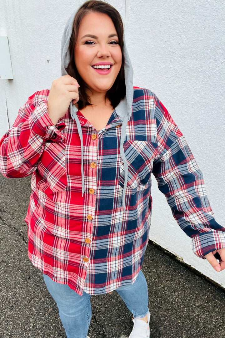 Face the Day Red/Navy Plaid Color Block Hoodie Shacket