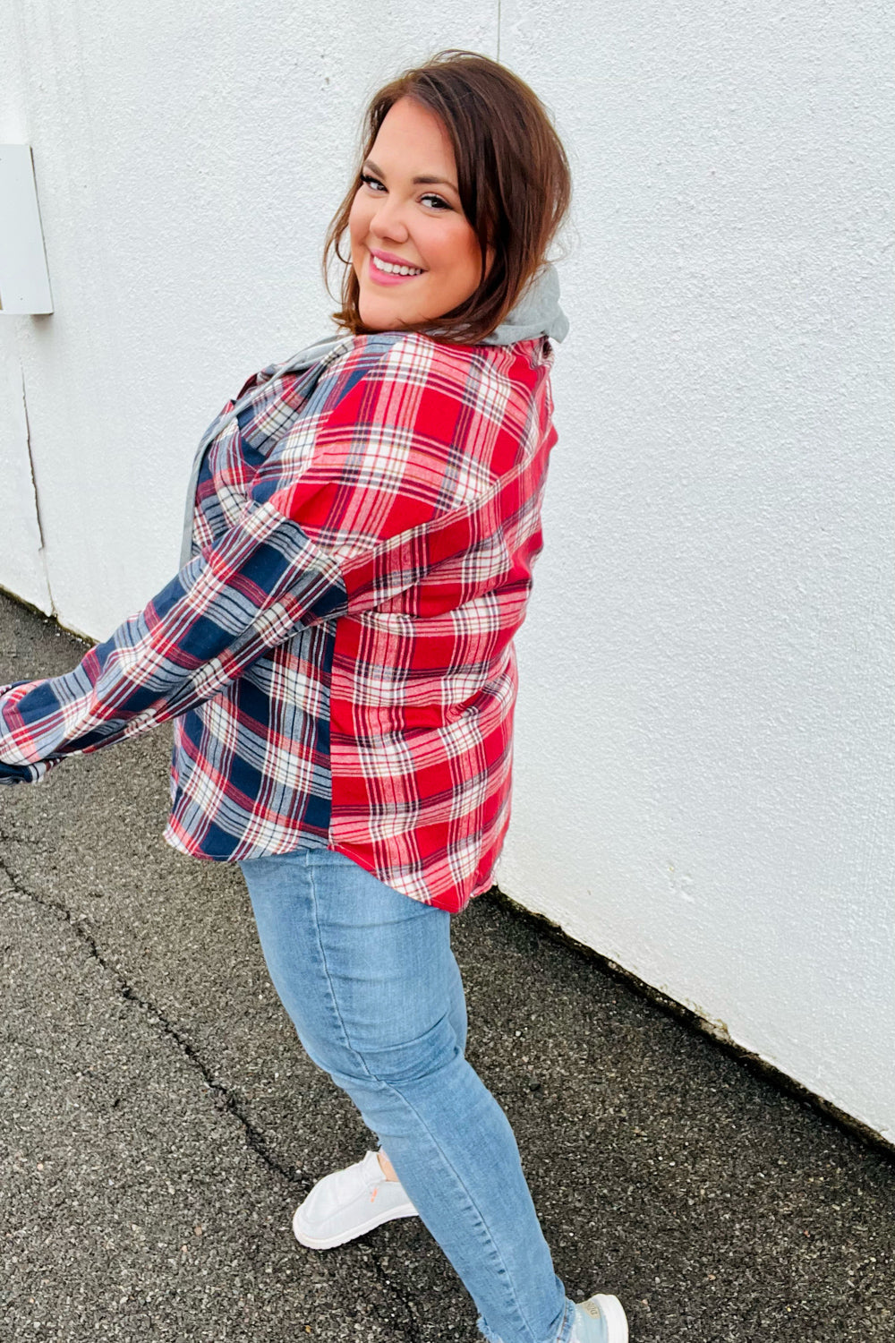 Face the Day Red/Navy Plaid Color Block Hoodie Shacket