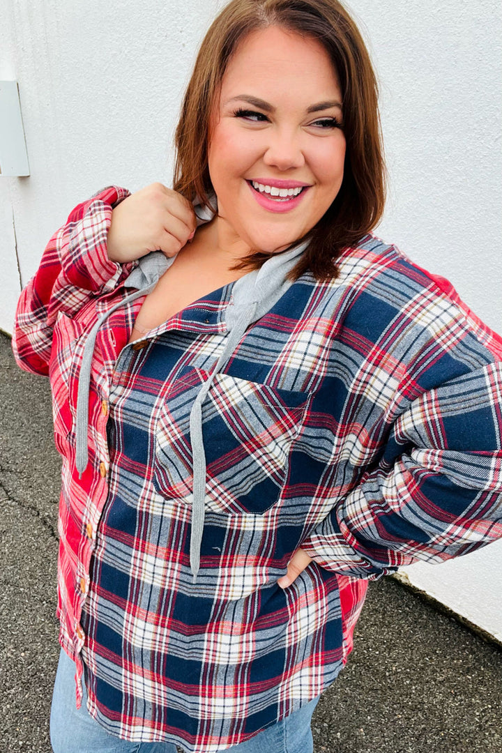 Face the Day Red/Navy Plaid Color Block Hoodie Shacket