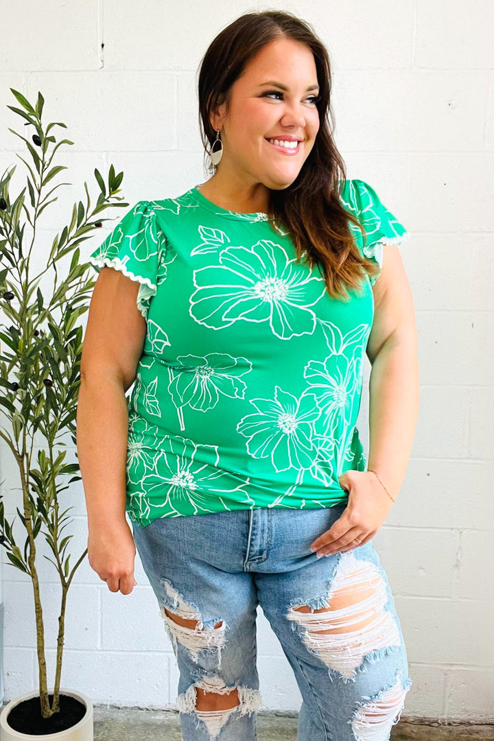 Follow Me Emerald Floral Ric Rac Trim Flutter Sleeve Top