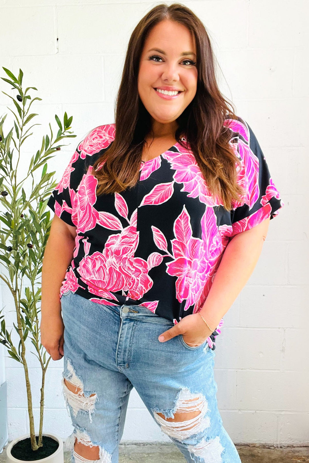 Tropical Vibes Black & Hot Pink Floral V Neck Top