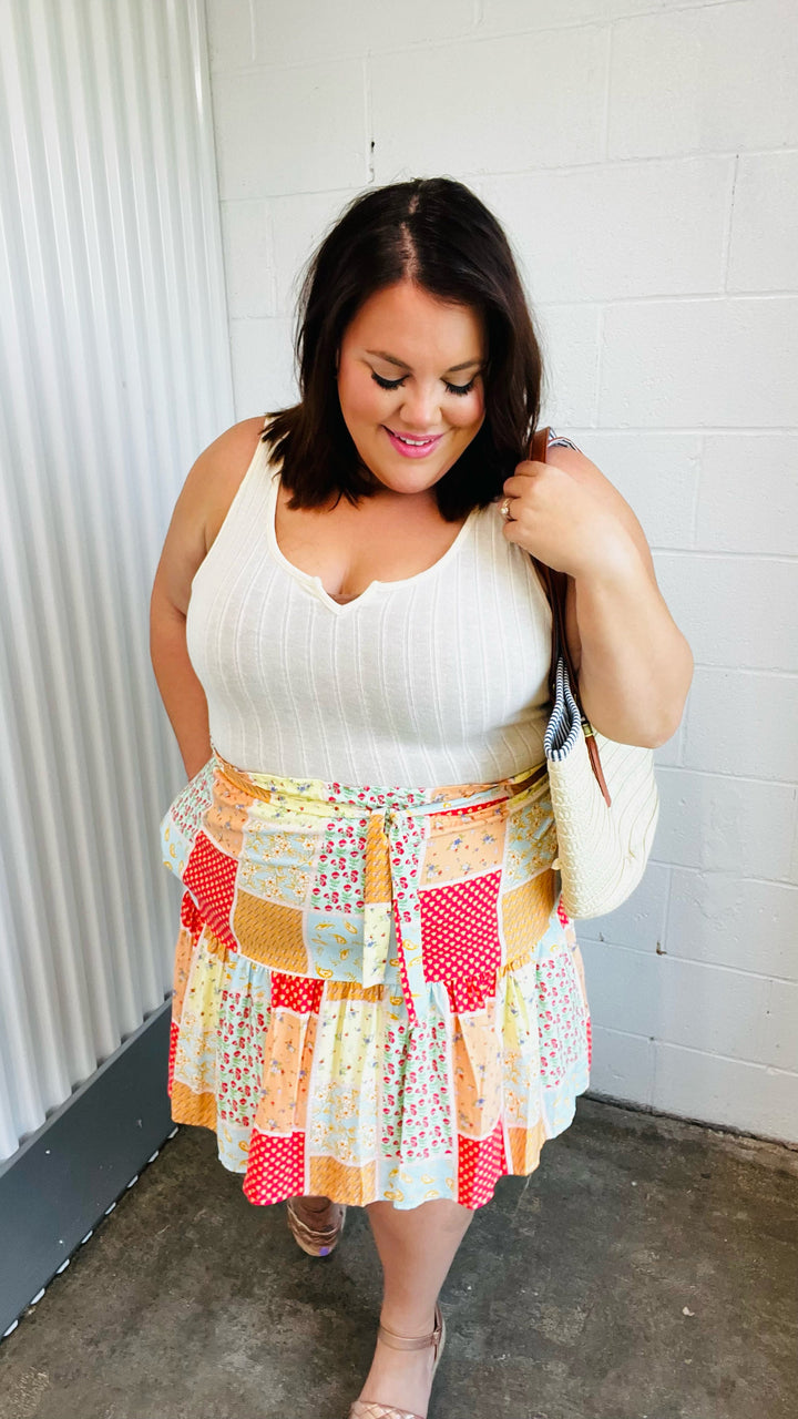 Multicolor Patchwork Two-Fer Rib Elastic Waist Belted Dress