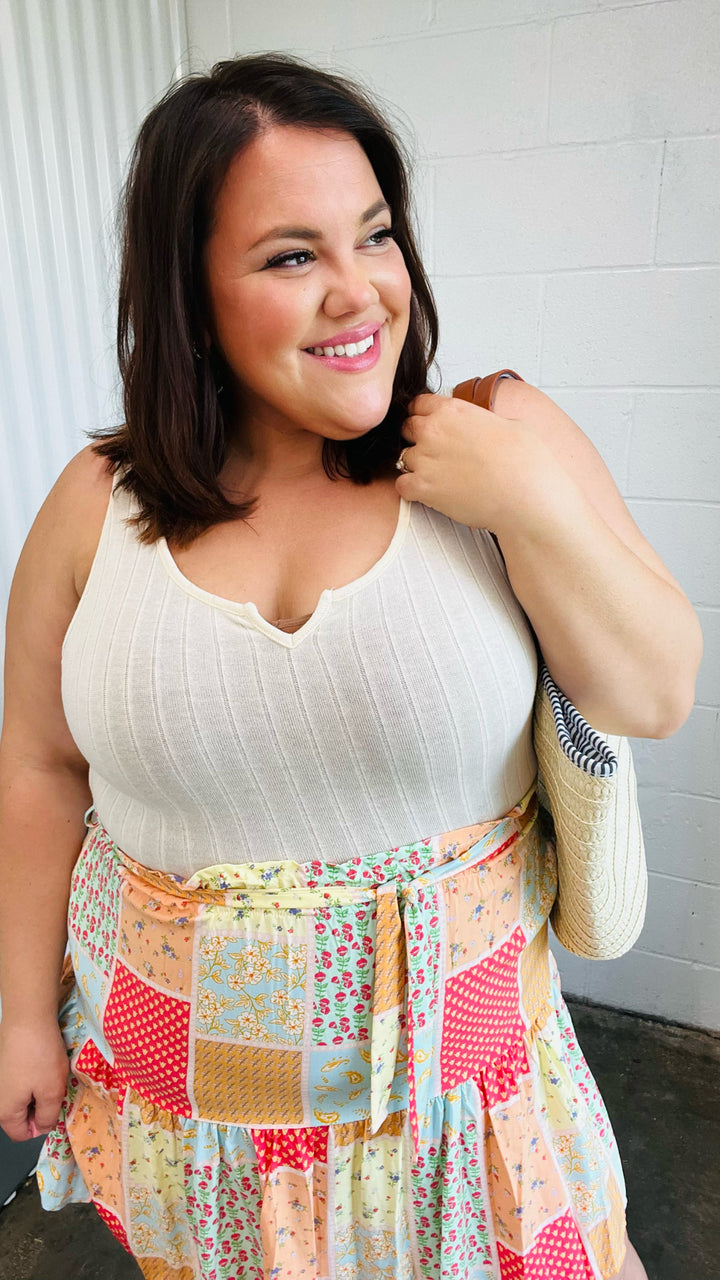 Multicolor Patchwork Two-Fer Rib Elastic Waist Belted Dress