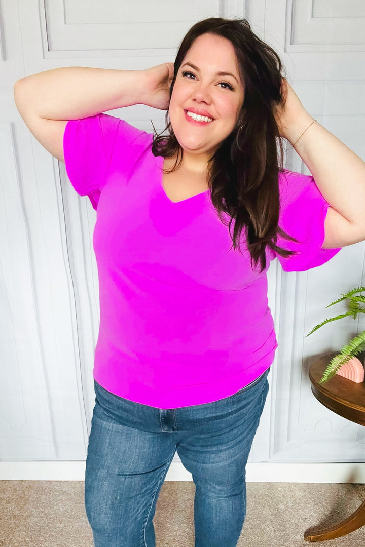 PLUS Keep Your Cool Bright Mauve Flutter Sleeve V Neck Top