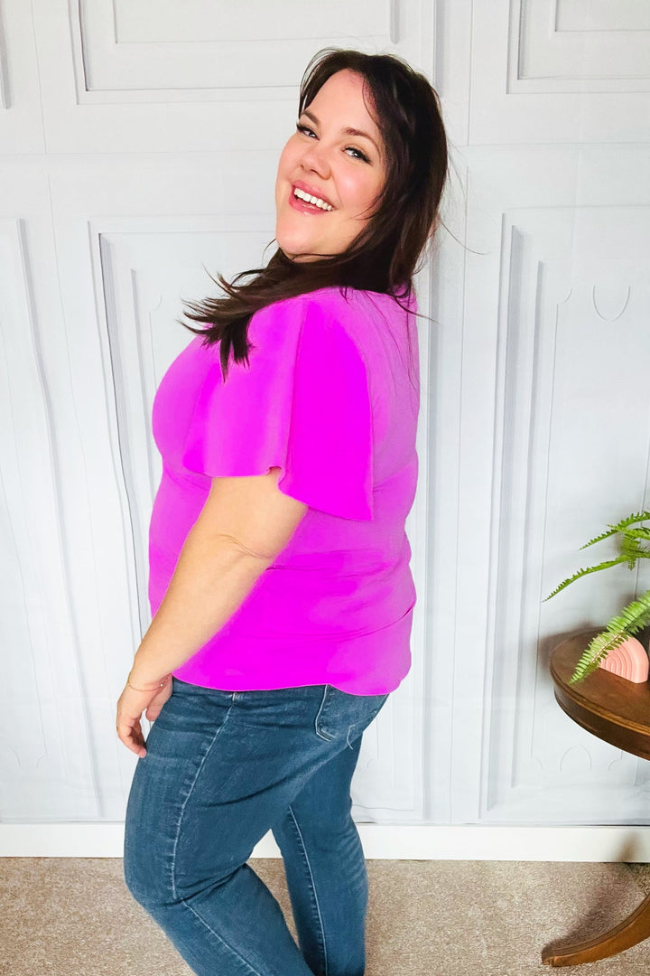 PLUS Keep Your Cool Bright Mauve Flutter Sleeve V Neck Top