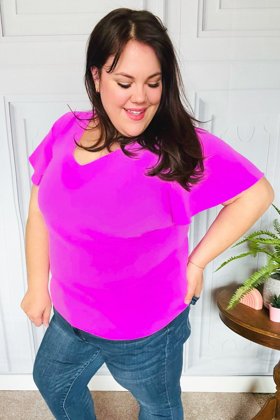 PLUS Keep Your Cool Bright Mauve Flutter Sleeve V Neck Top