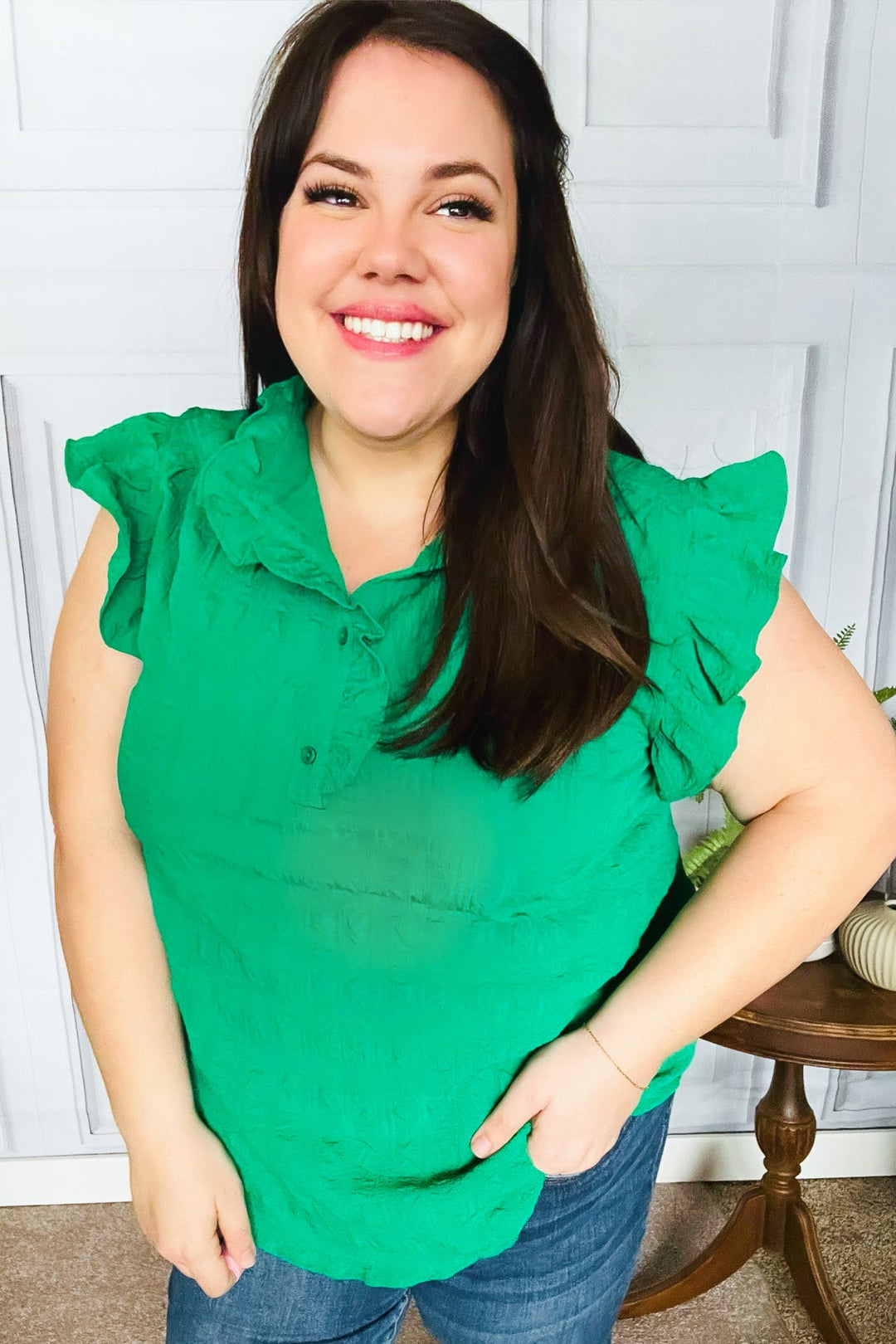 Glamorous In Kelly Green Textured Ruffle Mock Neck Top