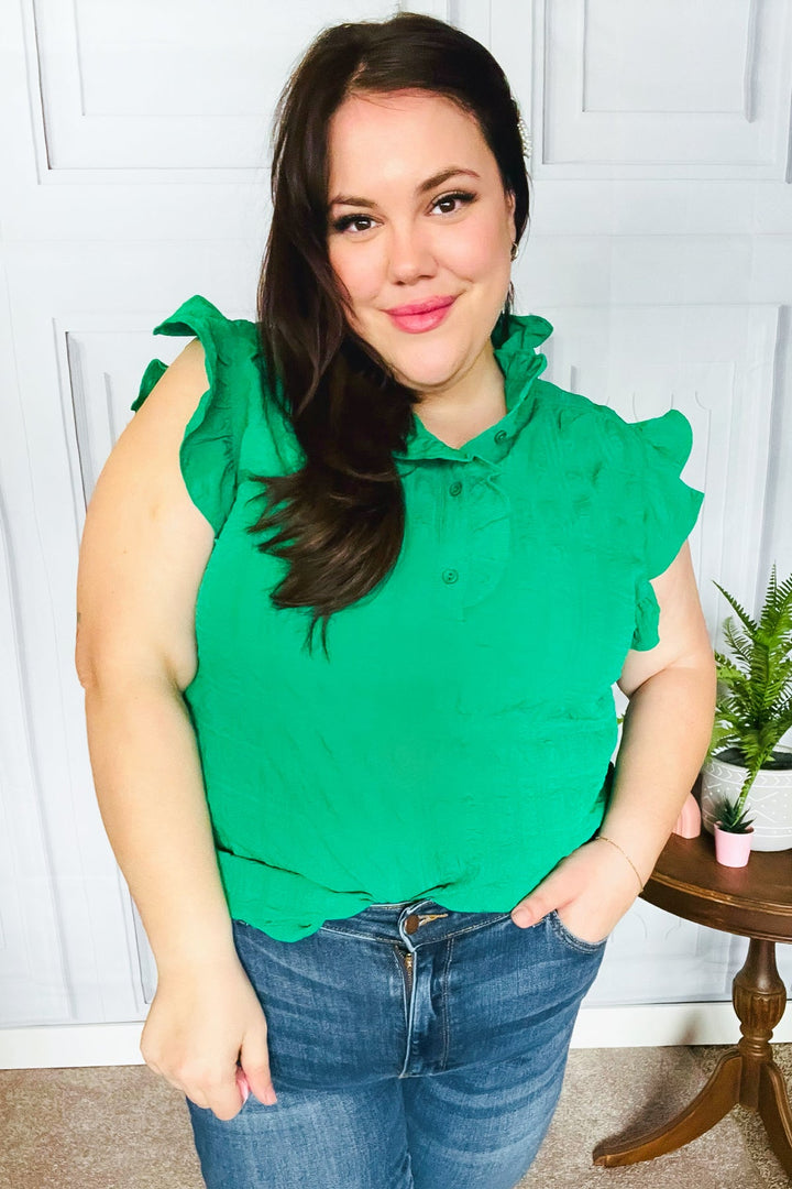 Glamorous In Kelly Green Textured Ruffle Mock Neck Top