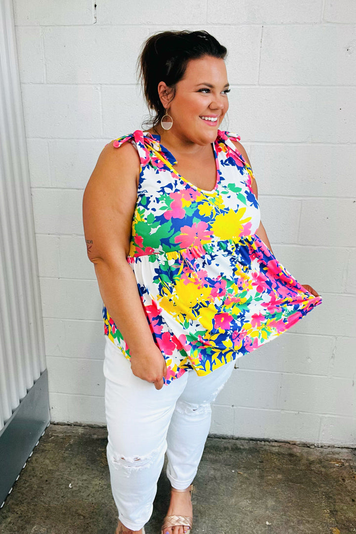 Multicolor Floral Print Shoulder Tie Detail Top