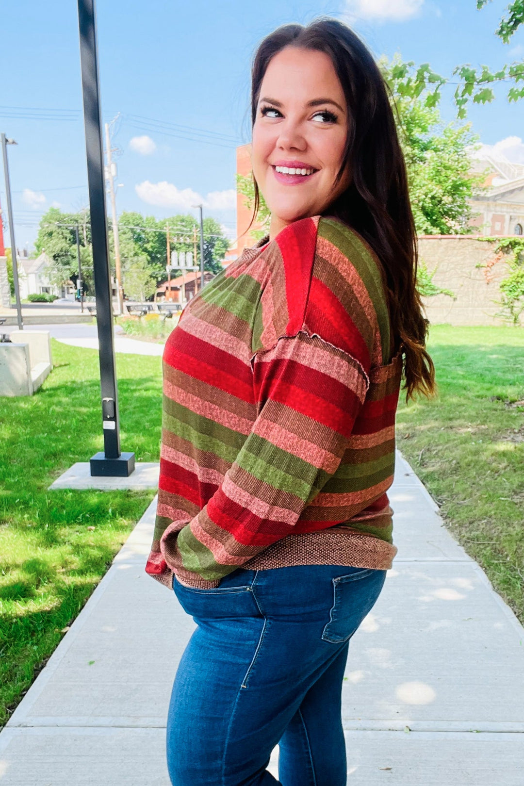 Perfectly You Olive & Mauve Stripe Two-Tone Banded Sweater Top