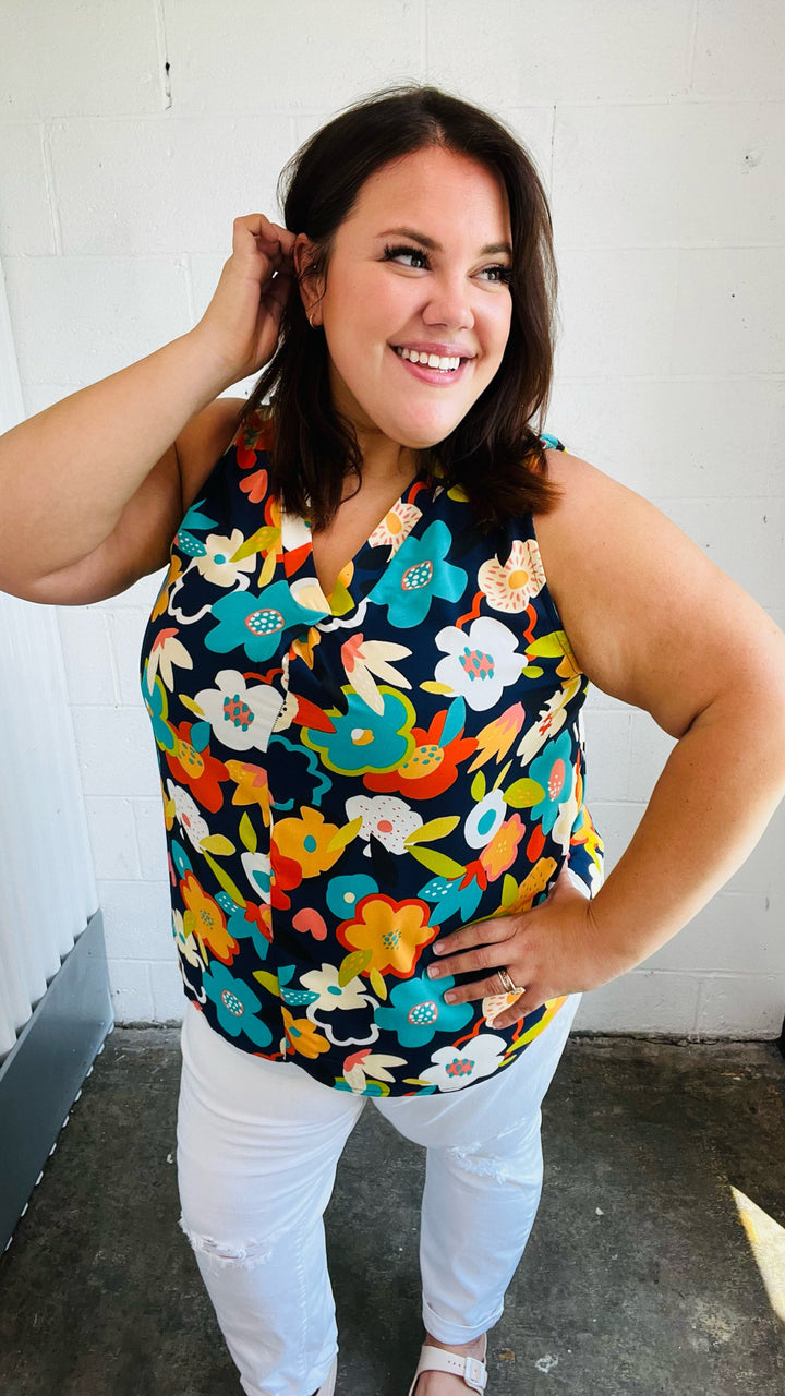 Navy Flat Floral Banded V Neck Sleeveless Top