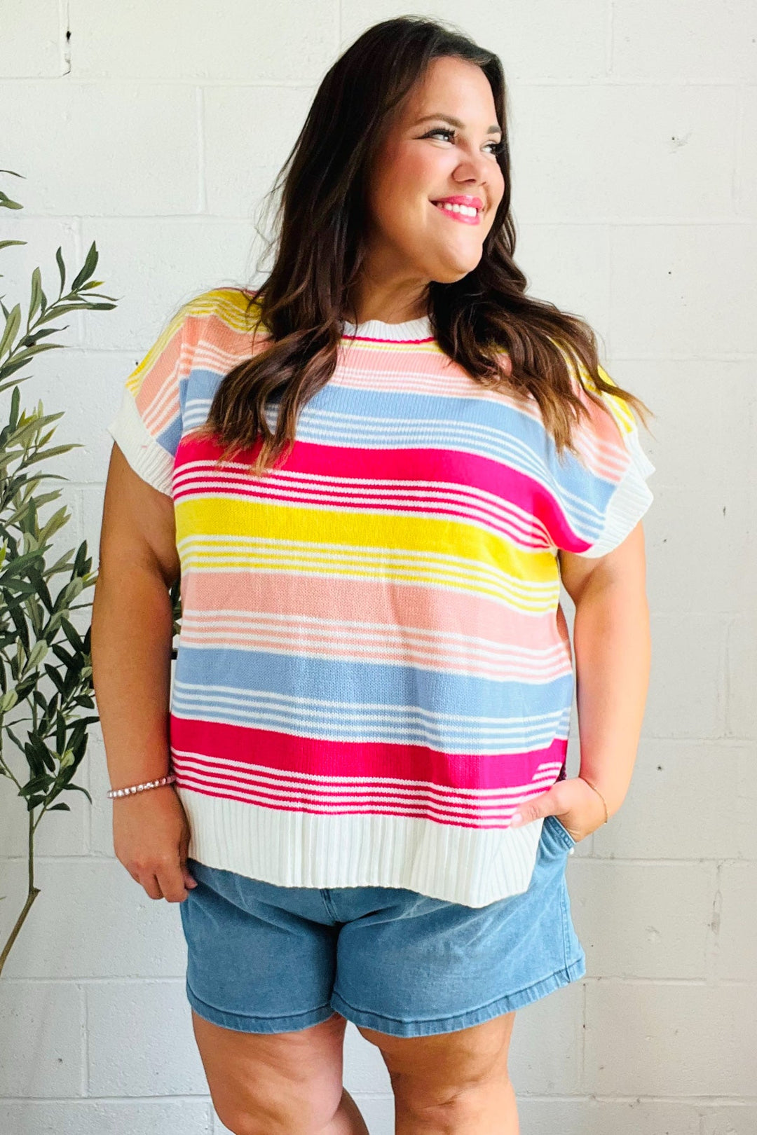 Feeling Playful Blue & Fuchsia Striped Short Dolman Sleeve Knit Top