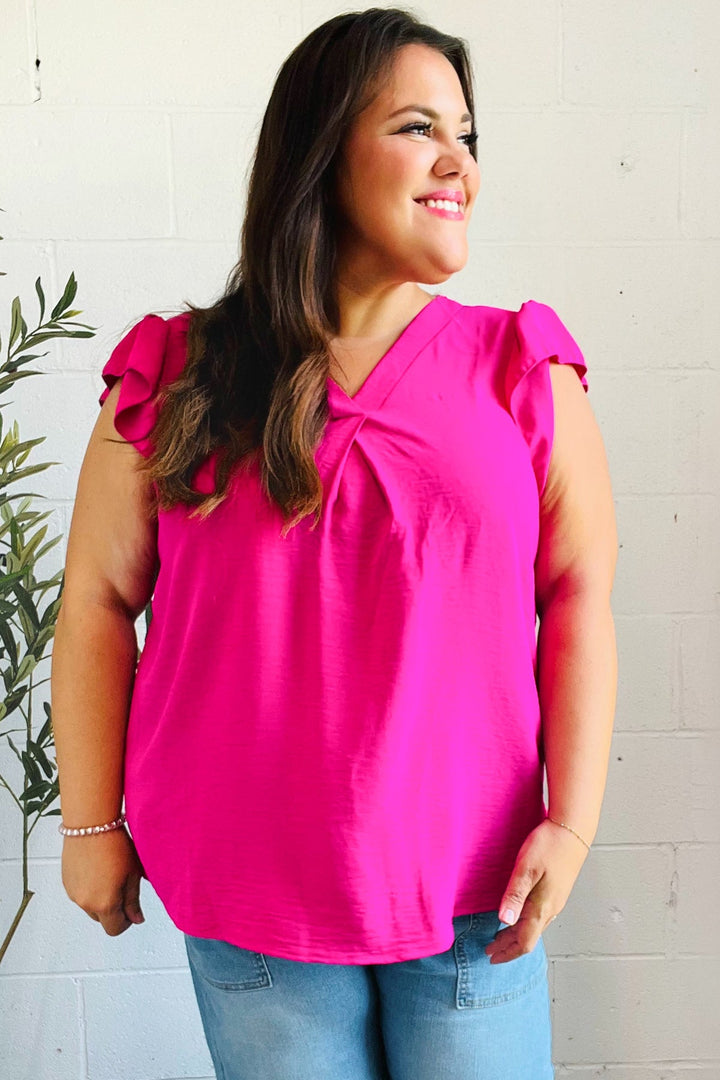 Summer Days Fuchsia Banded V Neck Flutter Sleeve Top