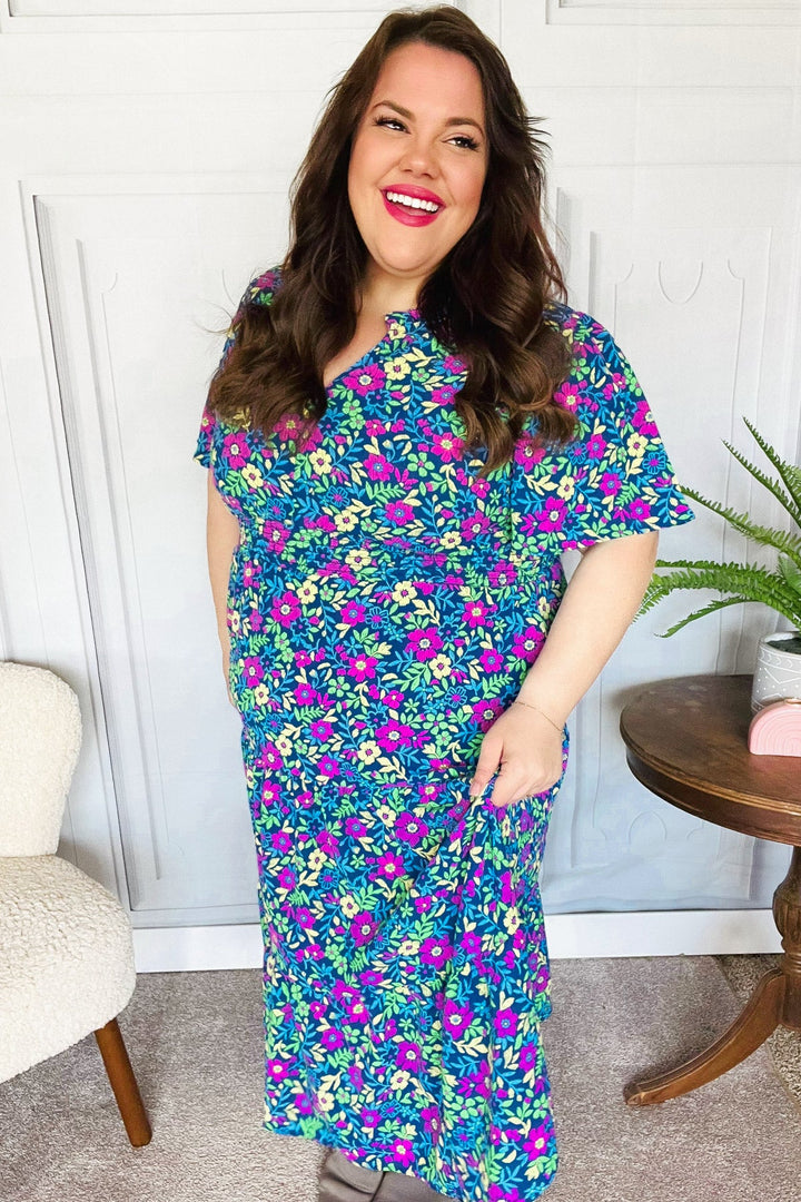 Eyes On You Navy Neon Floral Smocked Waist Maxi Dress