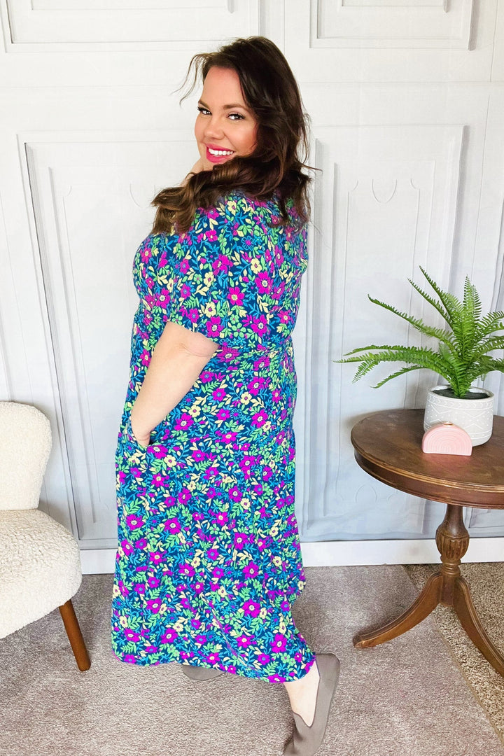 Eyes On You Navy Neon Floral Smocked Waist Maxi Dress