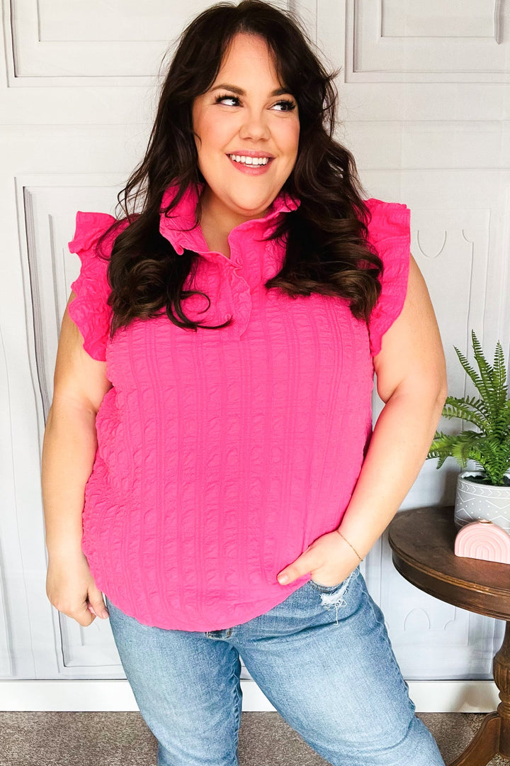 Glamorous In Hot Pink Textured Ruffle Mock Neck Top