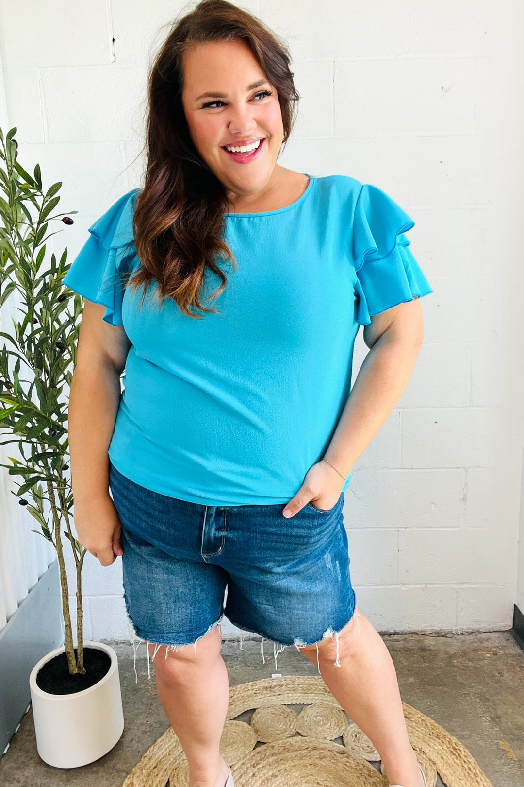 Lovely In Blue Tiered Double Ruffle Sleeve Woven Top