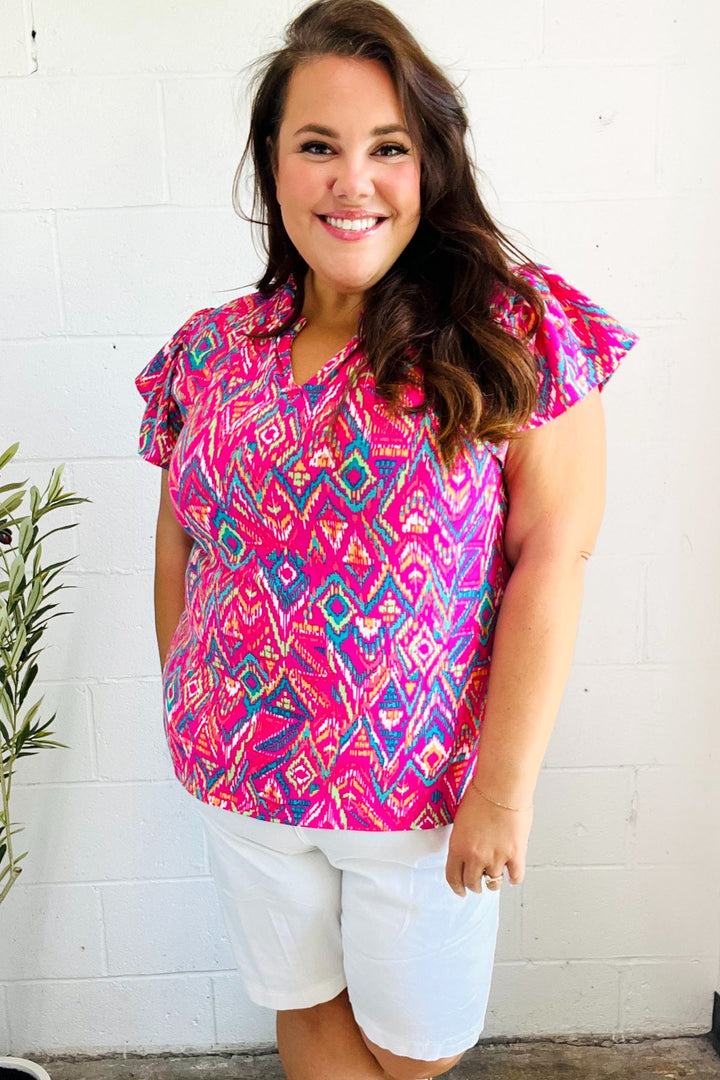 Eyes On You Fuchsia Boho Ikat Print Frill Notch Neck Top