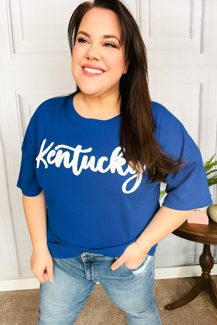 Be Proud Blue "Kentucky" Embroidery Pop Up Rib Knit Top