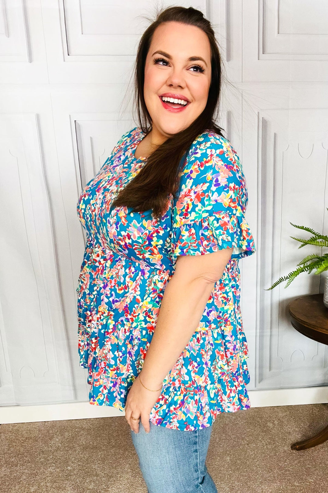 Looking Your Way Blue Floral Ruffle Hem Tiered Top