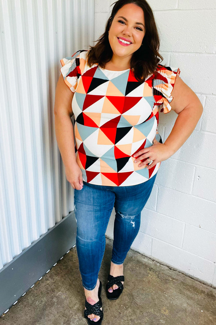 Burnt Orange Geo Print Smocked Ruffle Frill Sleeve Top