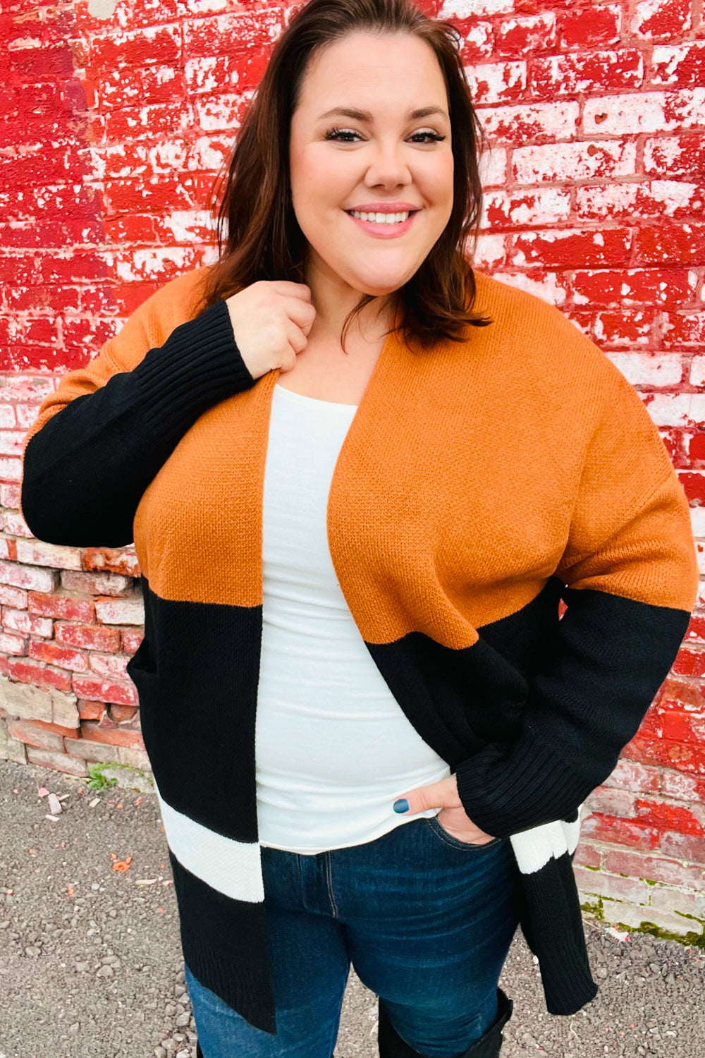 Layer Me Up Rust & Black Color Block Knit Open Cardigan