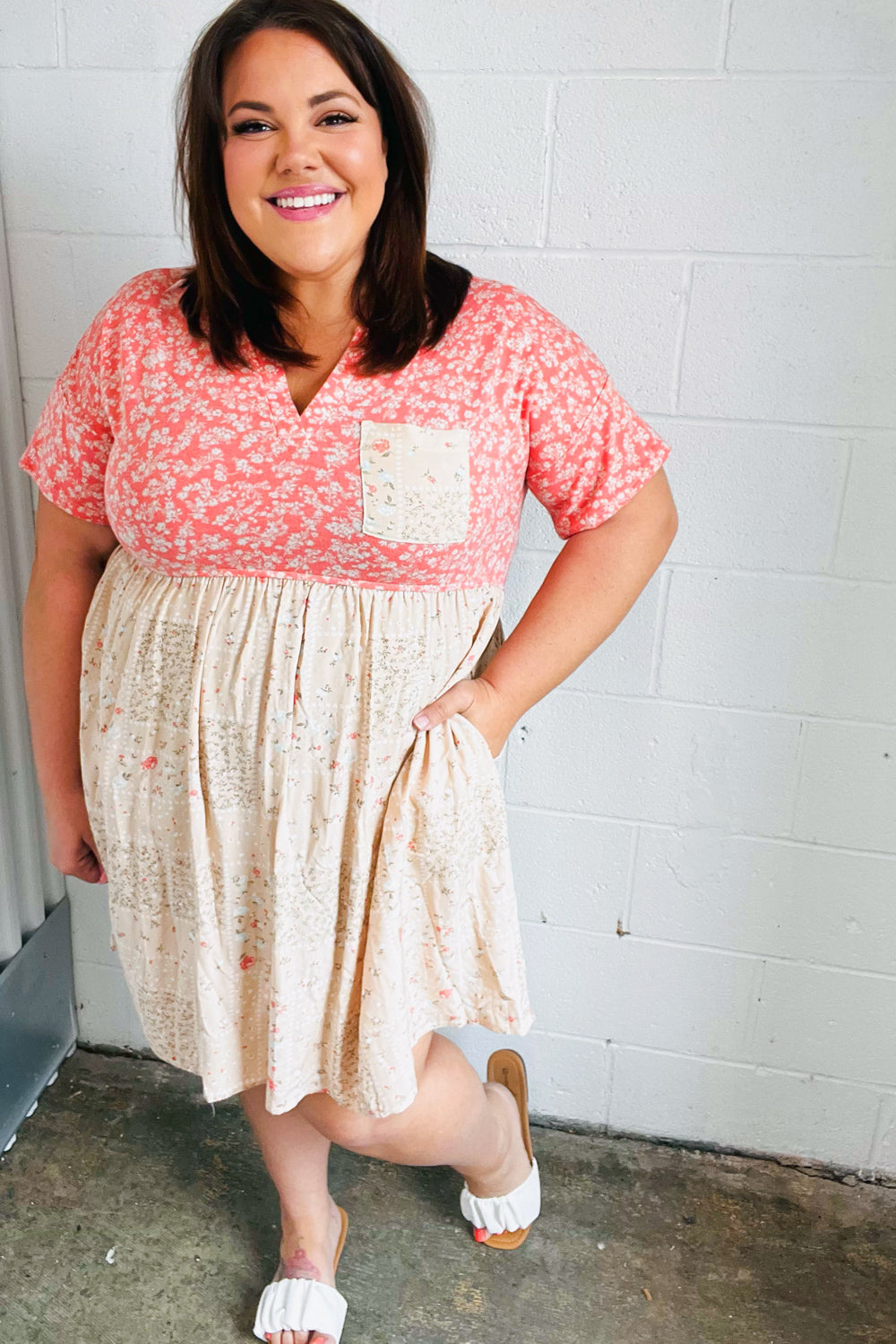 Coral & Taupe Floral Babydoll Color Block Dress