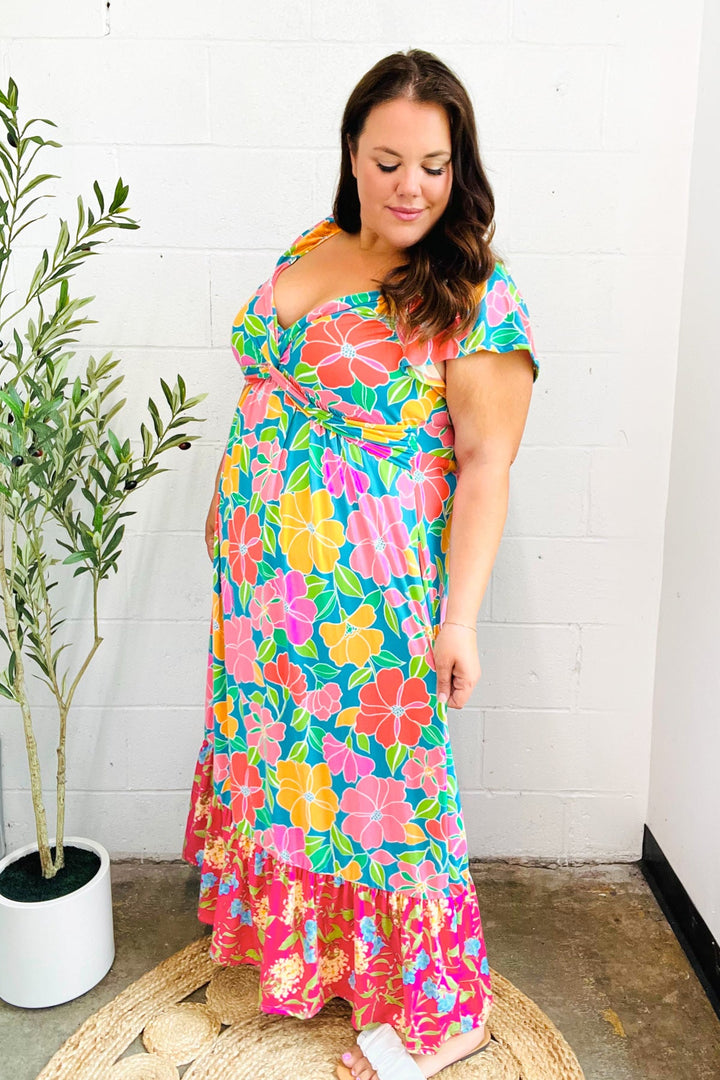 Vacay Vibes Blue Floral Print Sweetheart Twisted Neckline Maxi Dress