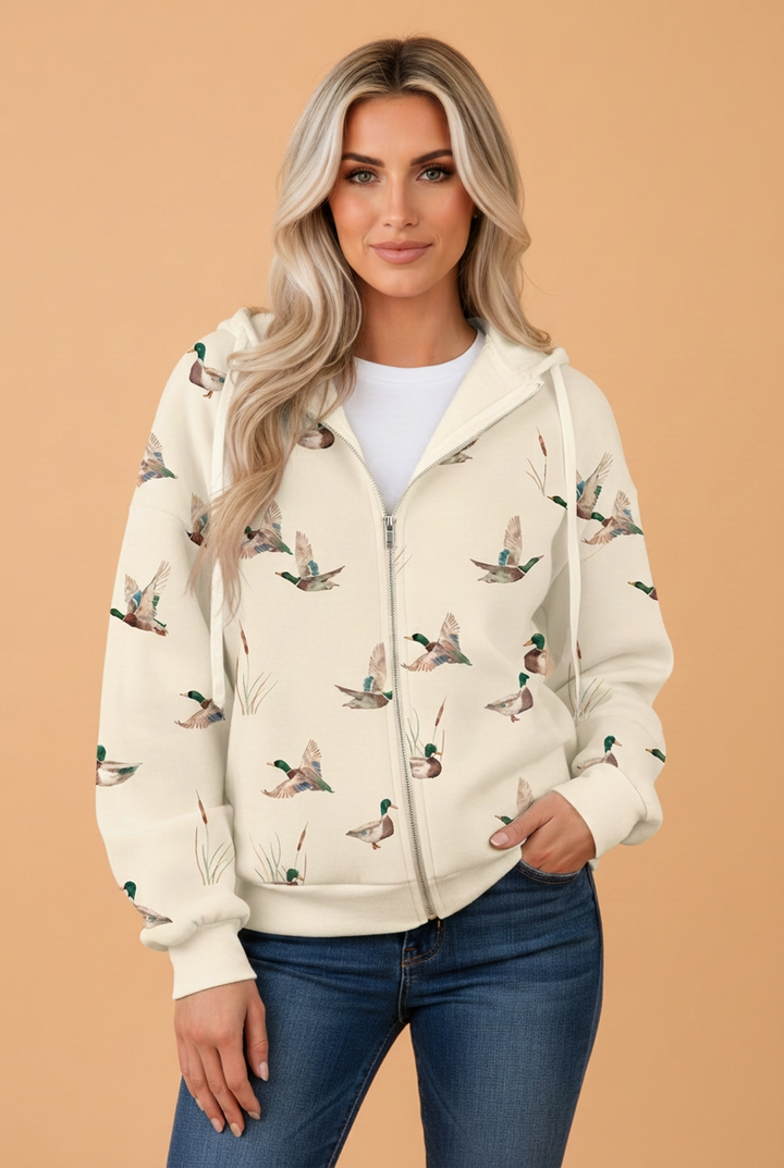 Mallard Drop Shoulder Zip-Up Drawstring Hoodie