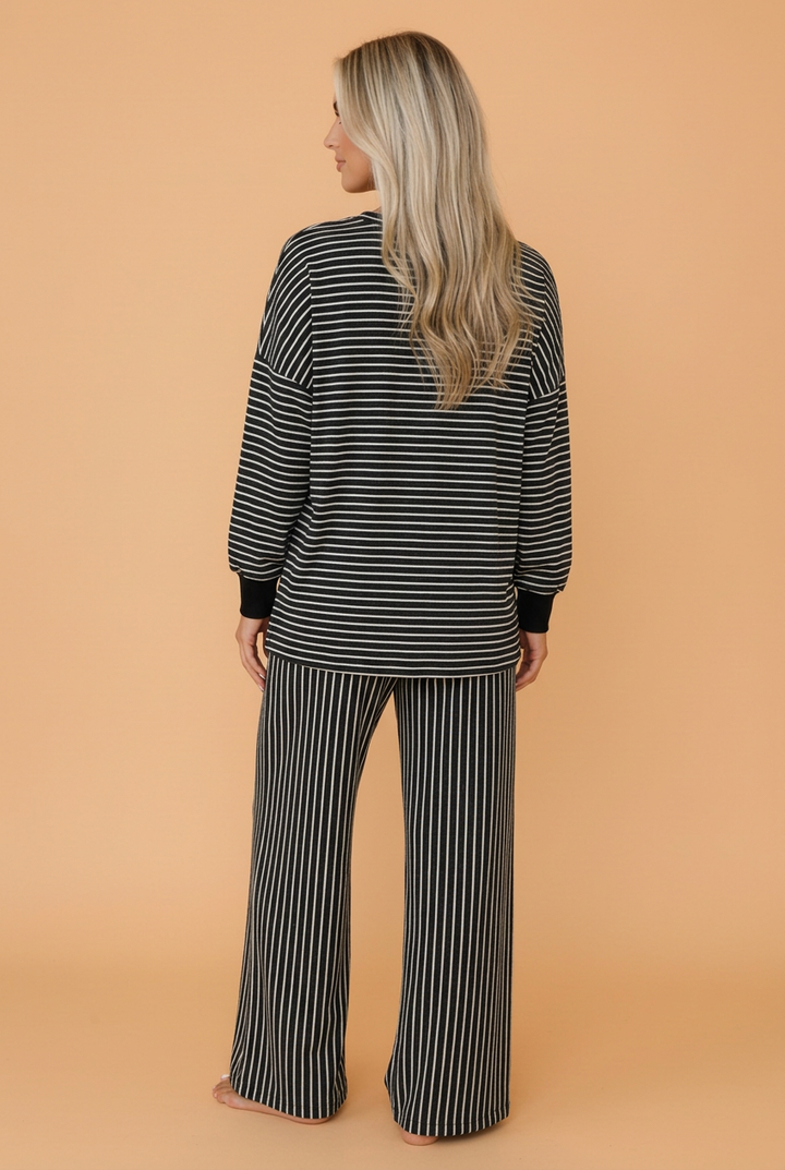 Stripe Drop Shoulder Long Sleeve Top & Pants Set