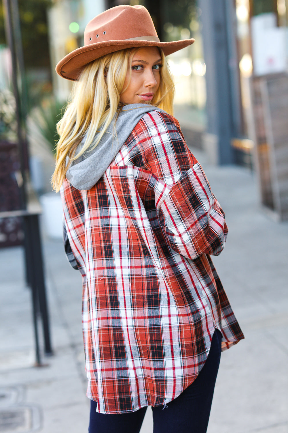 All Put Together Rust/Charcoal Plaid Colorblock Hoodie Shacket