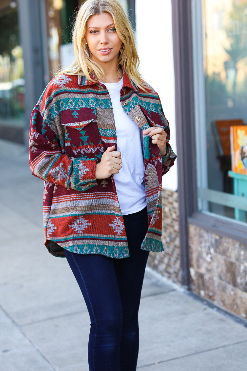 Aztec Flannel Textured Button Down Pocketed Shacket