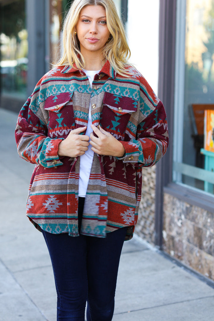 Aztec Flannel Textured Button Down Pocketed Shacket