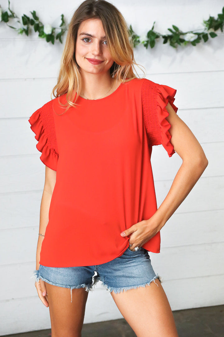 Red Smocked Ruffle Frill Sleeve Top