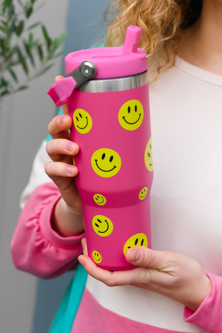 Hot Pink Smiley Insulated Tumbler with Top Handle