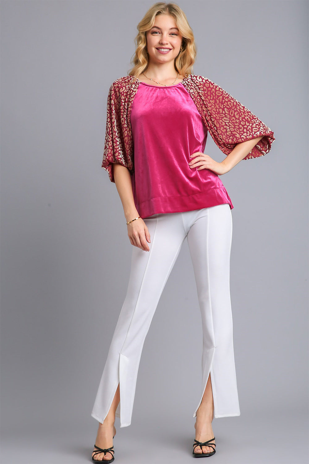 Umgee Round Neck Leopard Balloon Sleeve Velvet Top