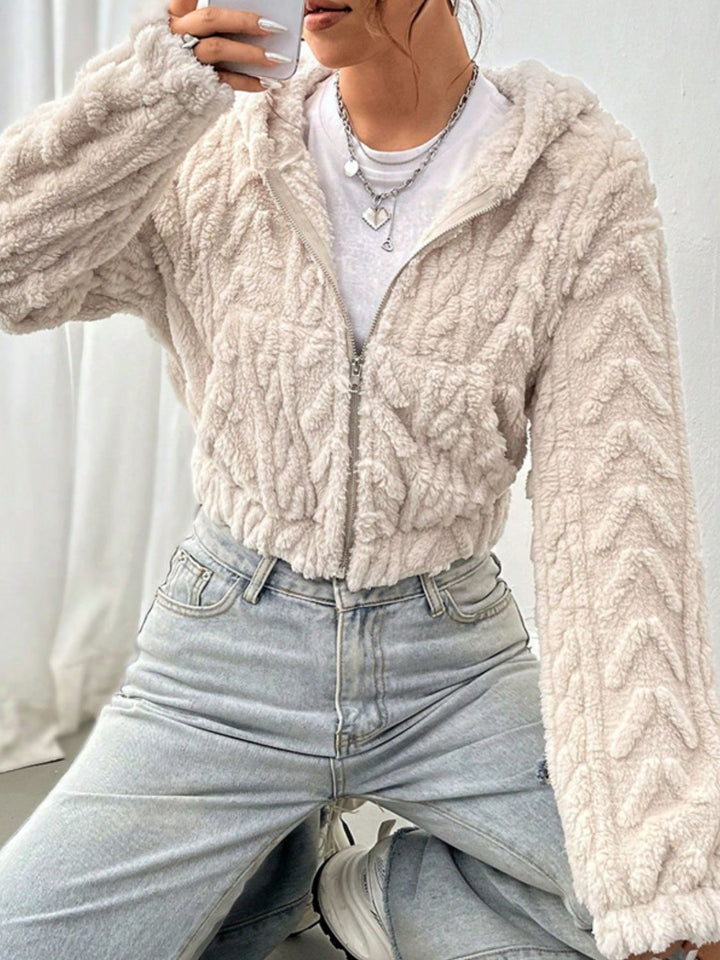 Fuzzy Zip Up Long Sleeve Hooded Outerwear