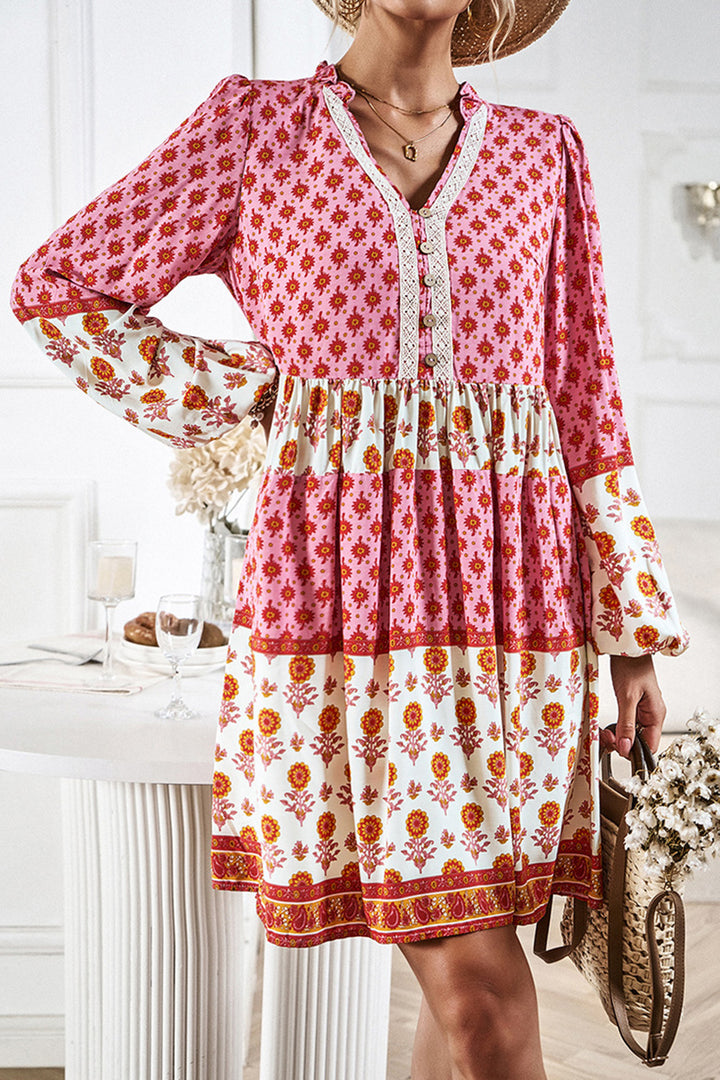 Printed V-Neck Long Sleeve Dress