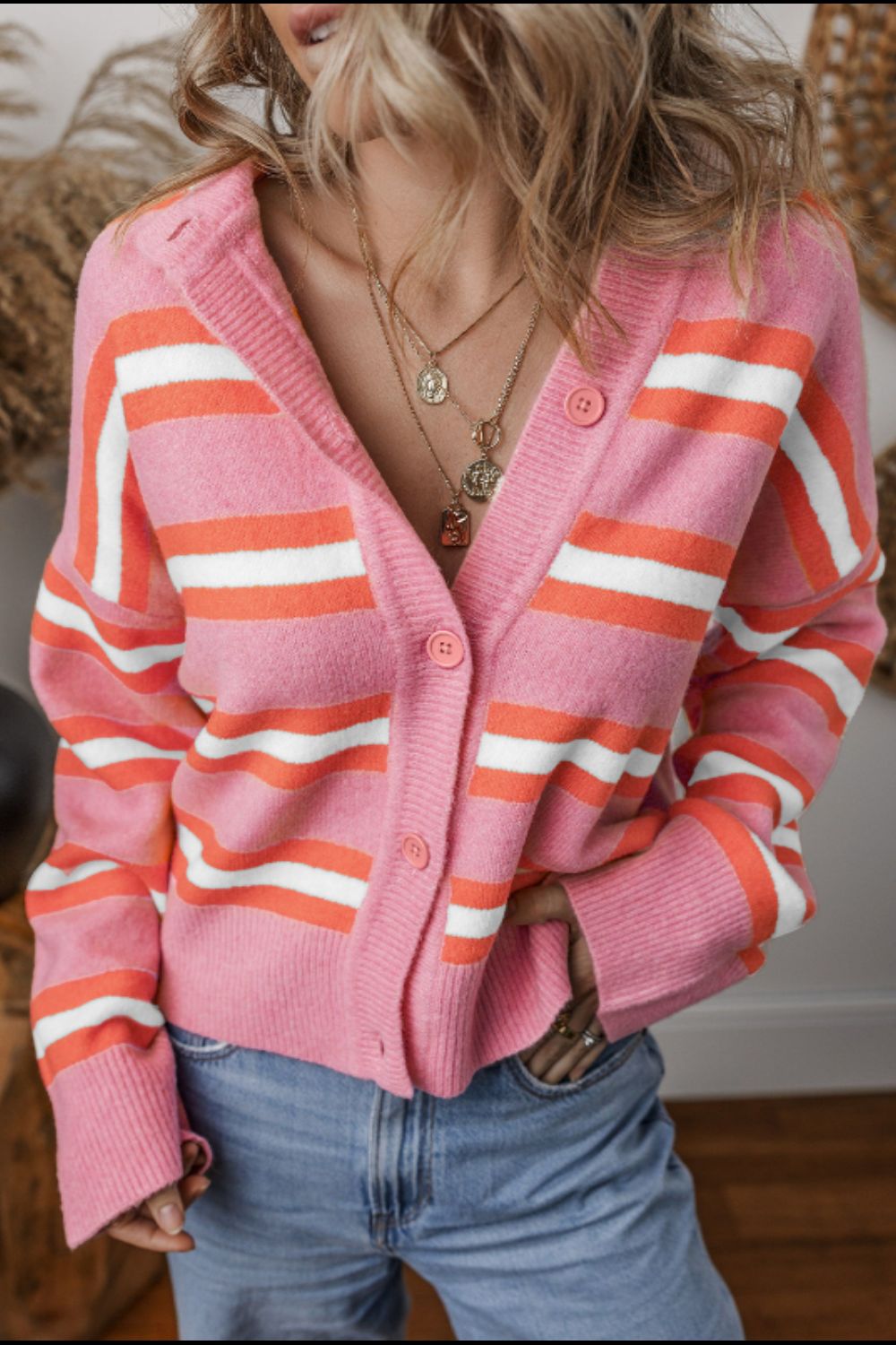 Striped Button Down Long Sleeve Cardigan