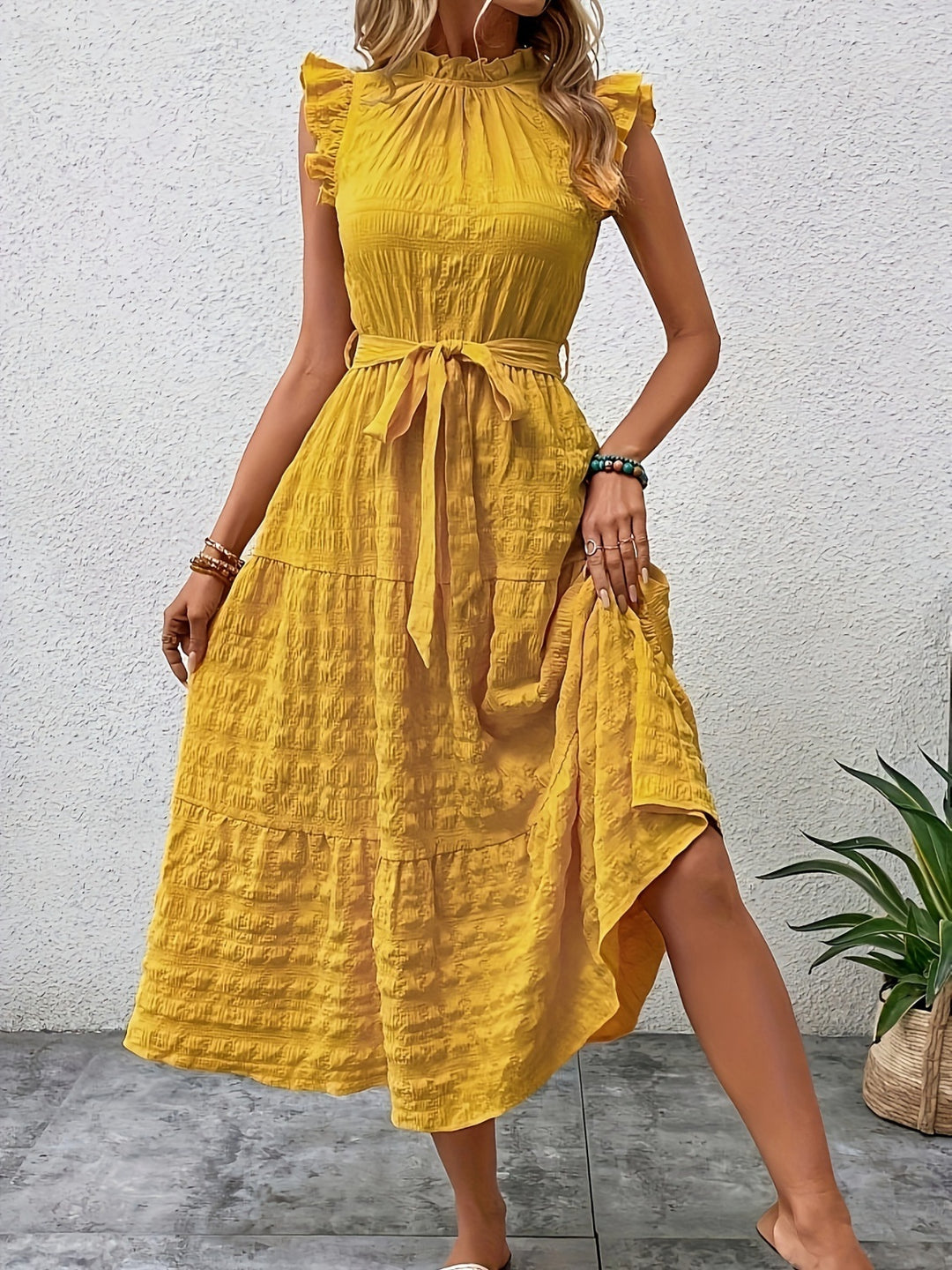 Tied Ruffled Cap Sleeve Midi Dress