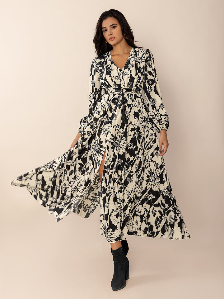 Tied Printed V-Neck Long Sleeve Midi Dress