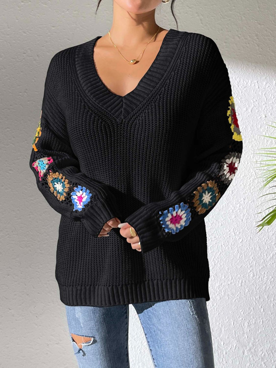 Crochet Flower V-Neck Sweater