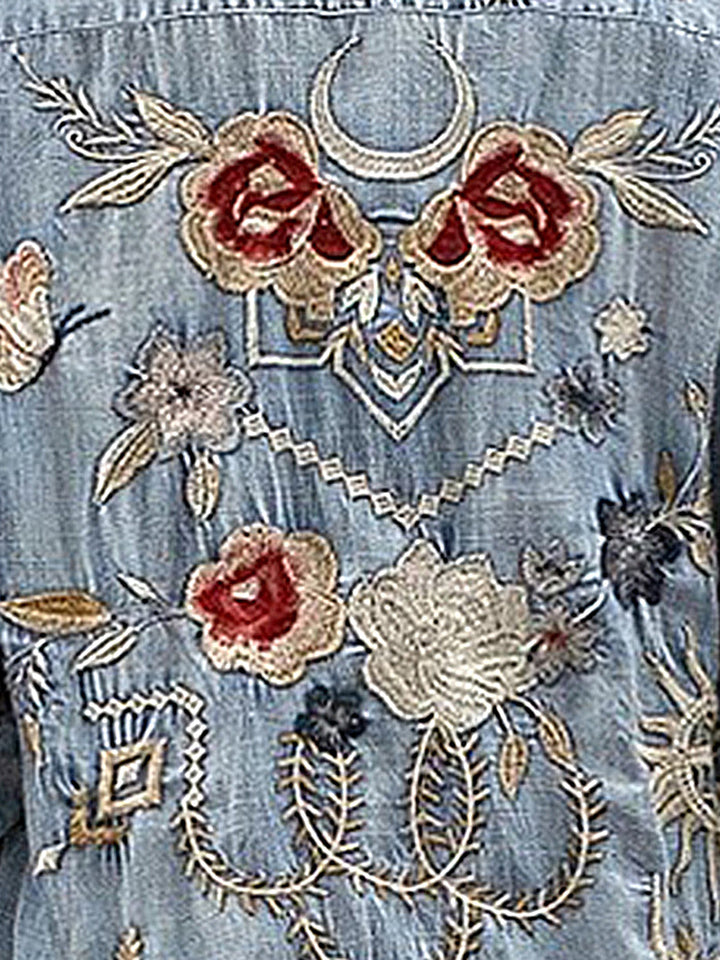 Embroidered Pocketed Button Up Denim Shirt