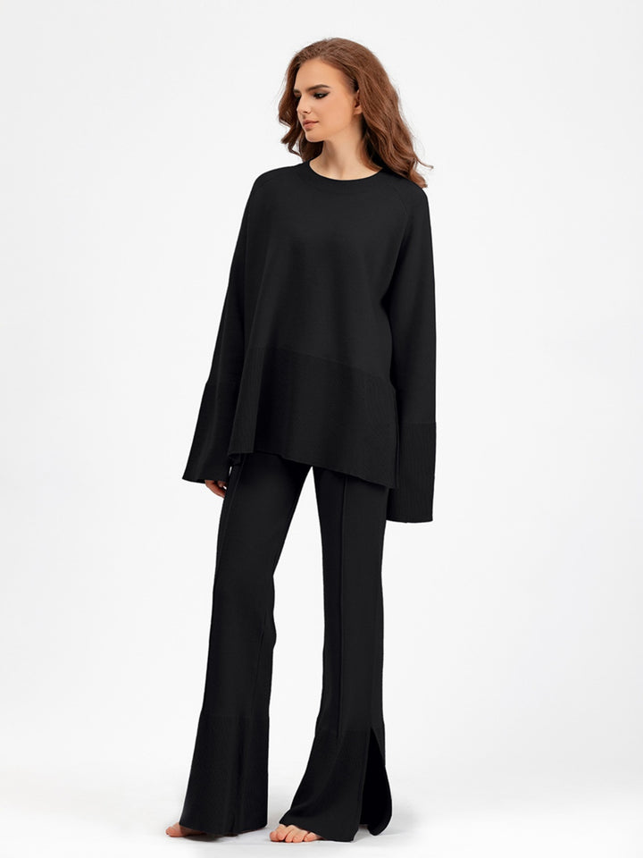 Basic Bae Slit Round Neck Long Sleeve Top and Drawstring Pants Sweater Set