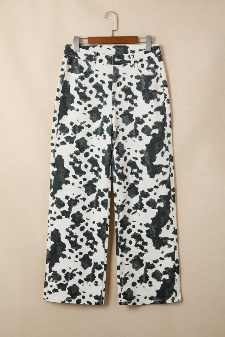 Western Abstract Cow Metal Button Full Length Jeans
